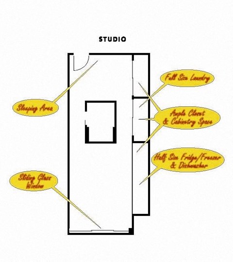 Floor plan for studio, 1 bath, 534 sqft
